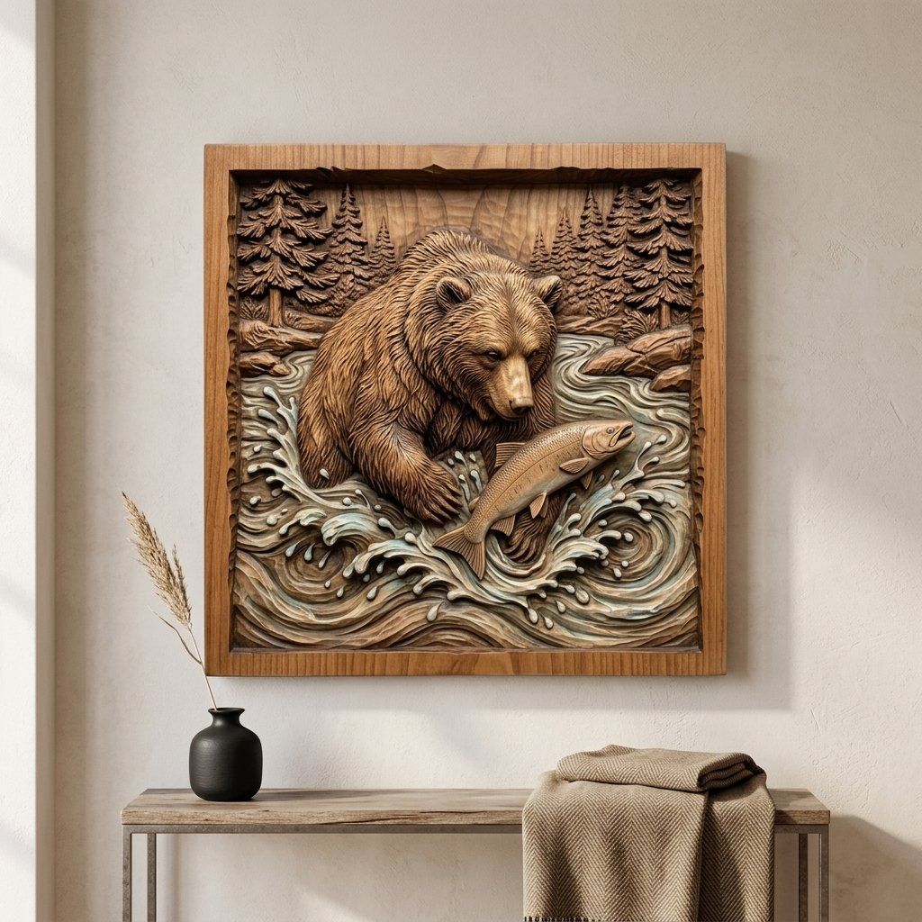Wild Grizzly Bear Catching Salmon CNC Relief STL bas-relief STL — view 14