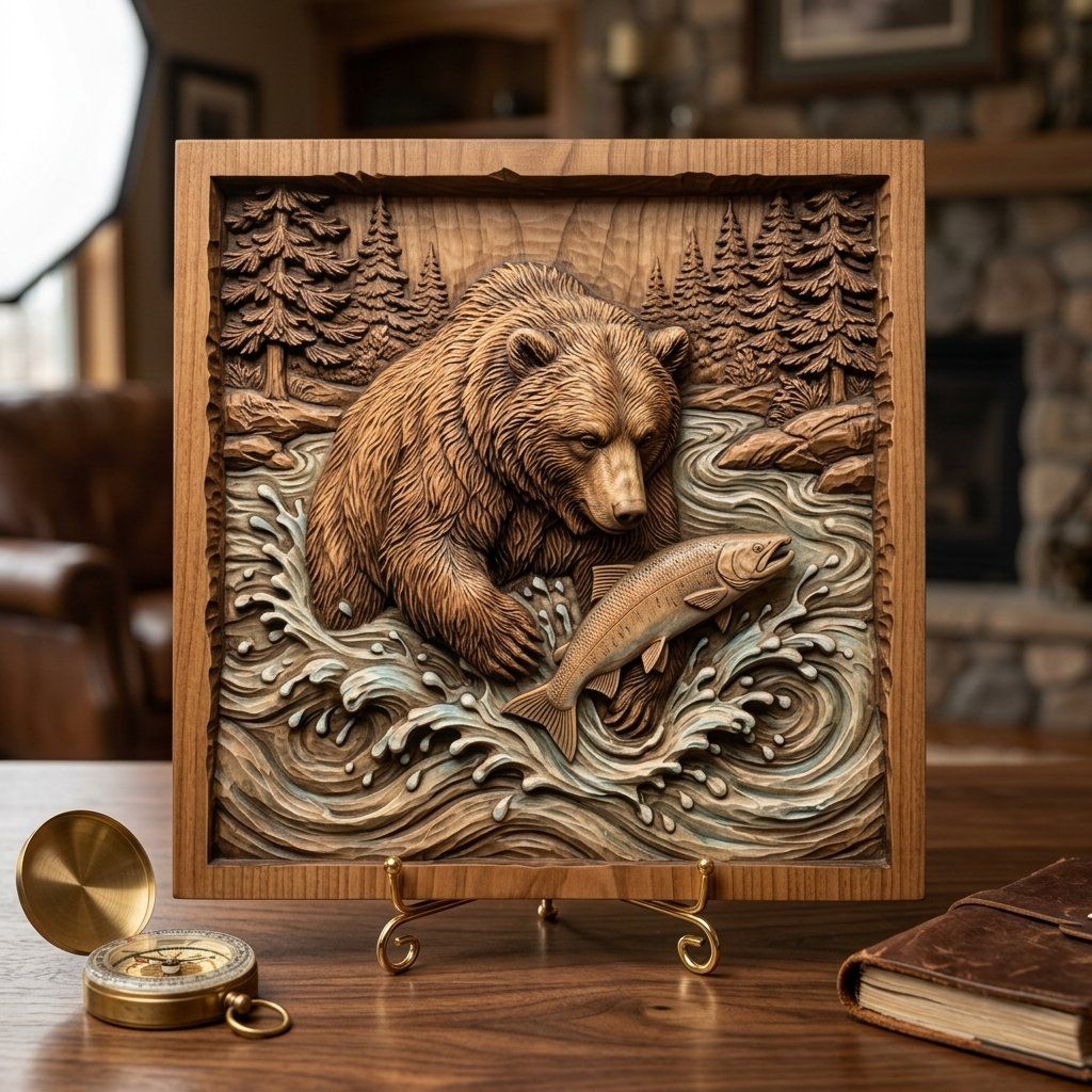 Wild Grizzly Bear Catching Salmon CNC Relief STL bas-relief STL — view 3