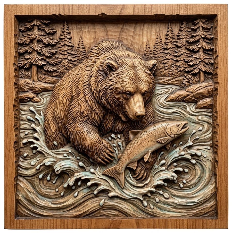 Wild Grizzly Bear Catching Salmon CNC Relief STL bas-relief STL — view 4
