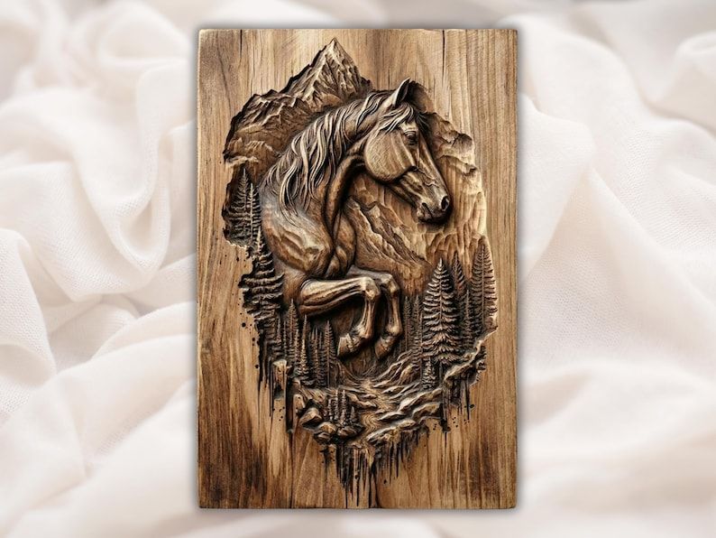 Carved wood bas-relief of a horse with flowing mane set against mountain peaks and pine forest