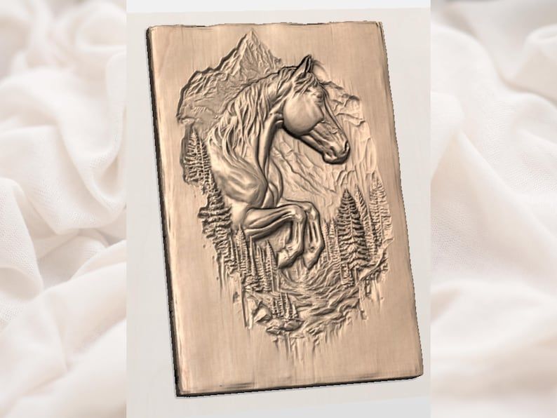 Mountain Horse Bas-Relief STL with Pine Forest and Peaks bas-relief STL — view 2