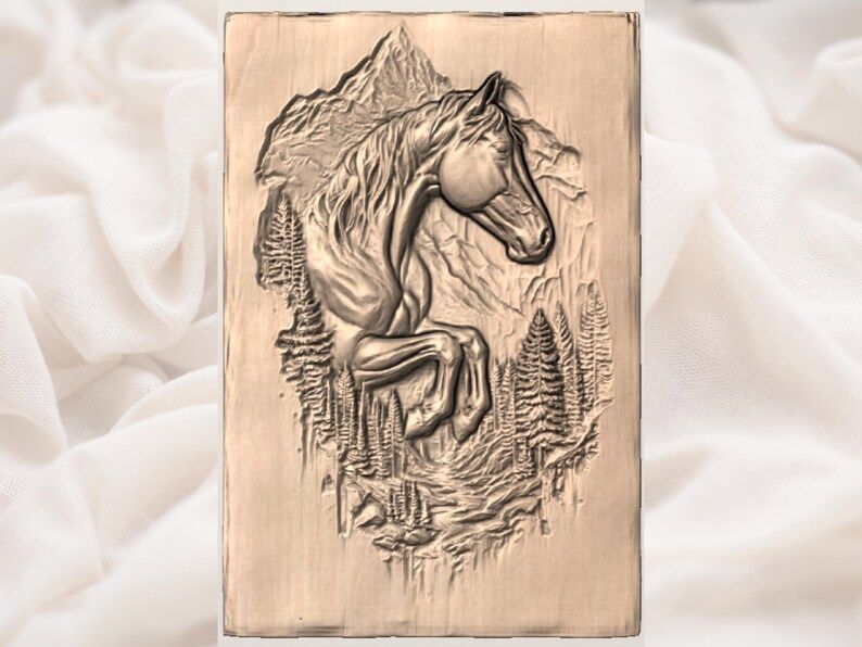 Mountain Horse Bas-Relief STL with Pine Forest and Peaks bas-relief STL — view 3