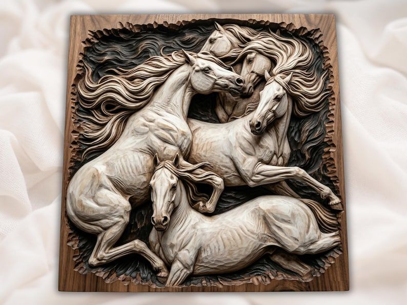 Bas-relief wood carving of four wild horses with flowing manes against a dark recessed background