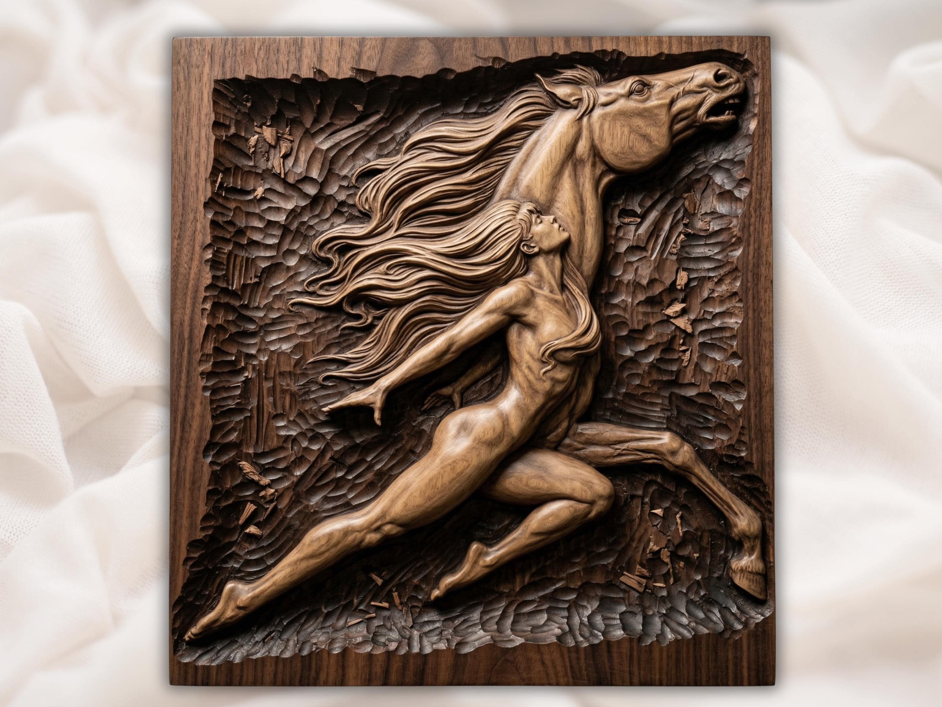 Bas-relief wood carving of a leaping woman with long flowing hair merging into a wild horse's mane.