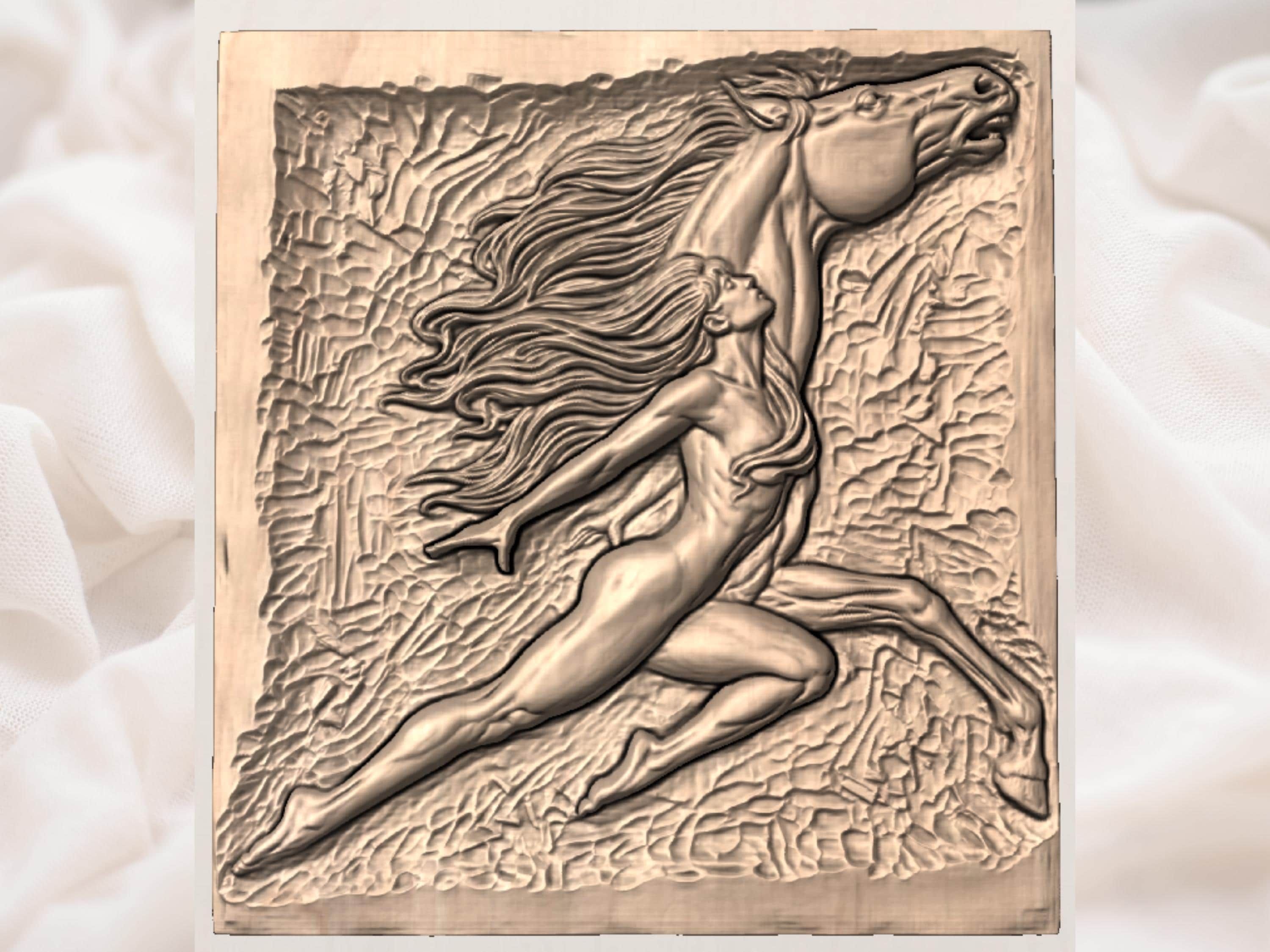 Flowing-Haired Woman and Wild Horse Bas-Relief STL Carving bas-relief STL — view 2