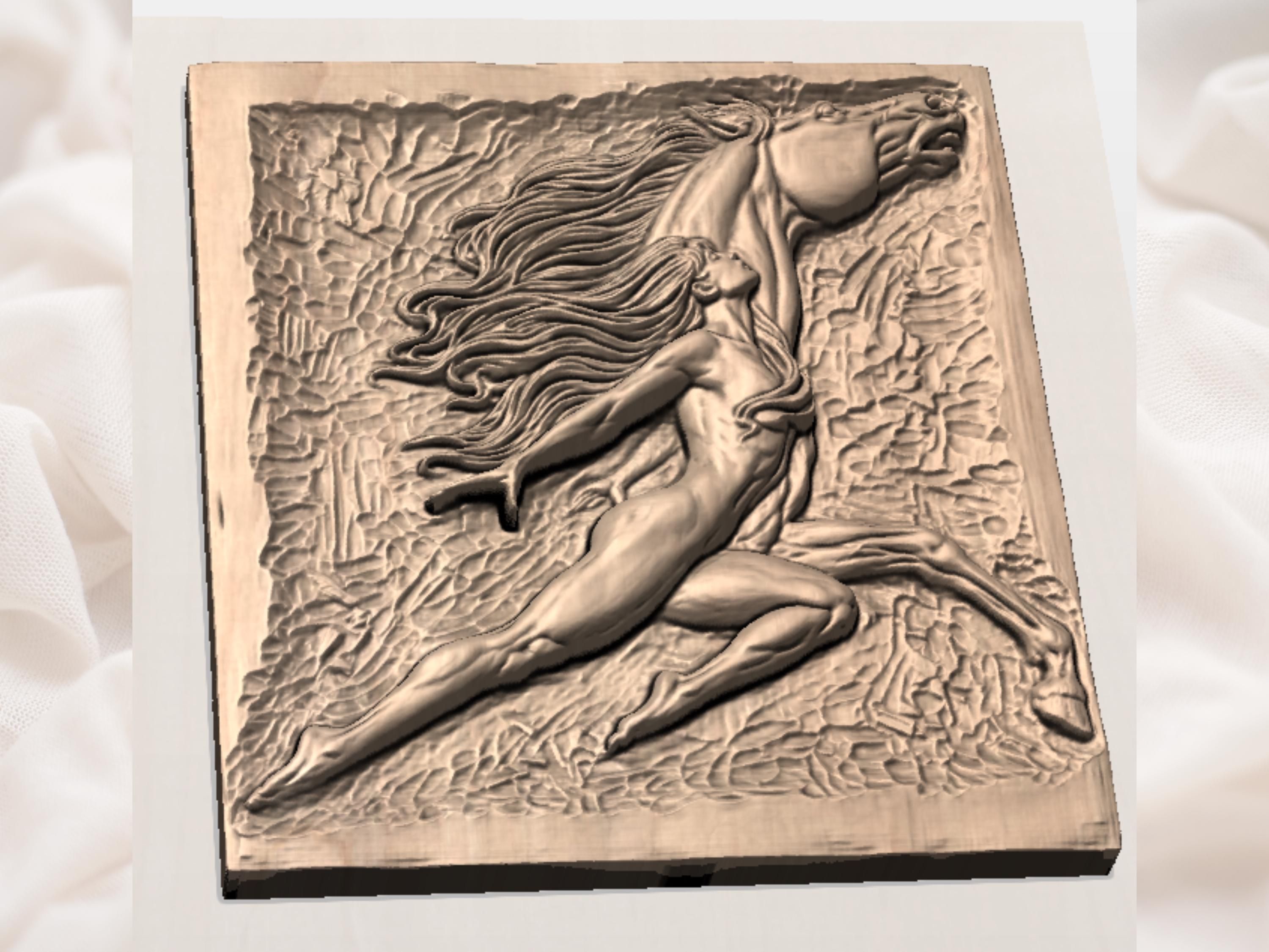 Flowing-Haired Woman and Wild Horse Bas-Relief STL Carving bas-relief STL — view 3