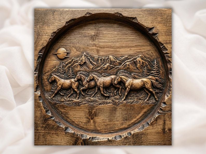 Round wood relief carving of three wild horses galloping below mountains with pine trees and a moon