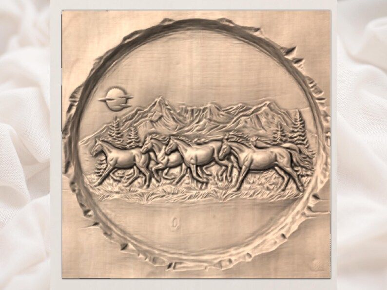 Wild Horses Galloping Below Mountains Round Relief STL bas-relief STL — view 2