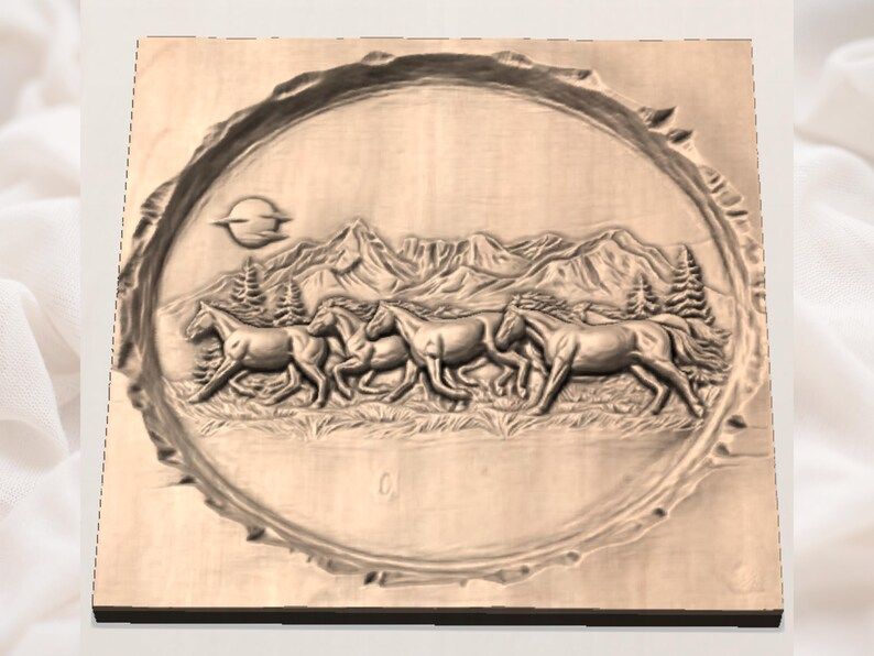 Wild Horses Galloping Below Mountains Round Relief STL bas-relief STL — view 3