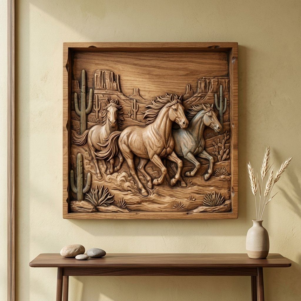 Wild Horses Running Desert Scene CNC Relief STL bas-relief STL — view 14