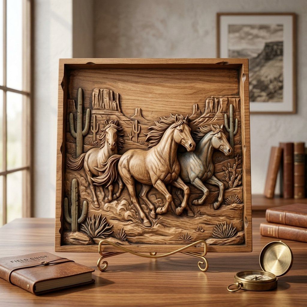 Wild Horses Running Desert Scene CNC Relief STL bas-relief STL — view 3