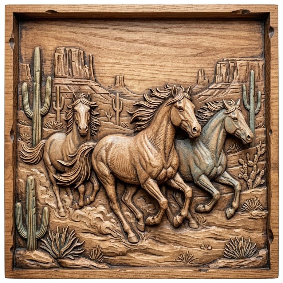 Wild Horses Running Desert Scene CNC Relief STL bas-relief STL — view 11