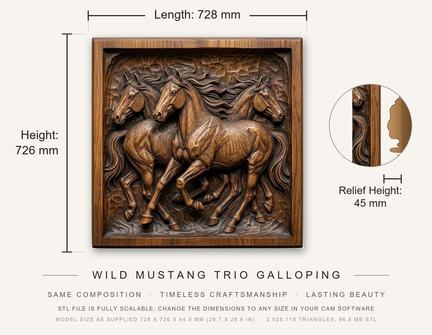 Wild Mustang Trio Galloping CNC Relief STL bas-relief STL — view 3