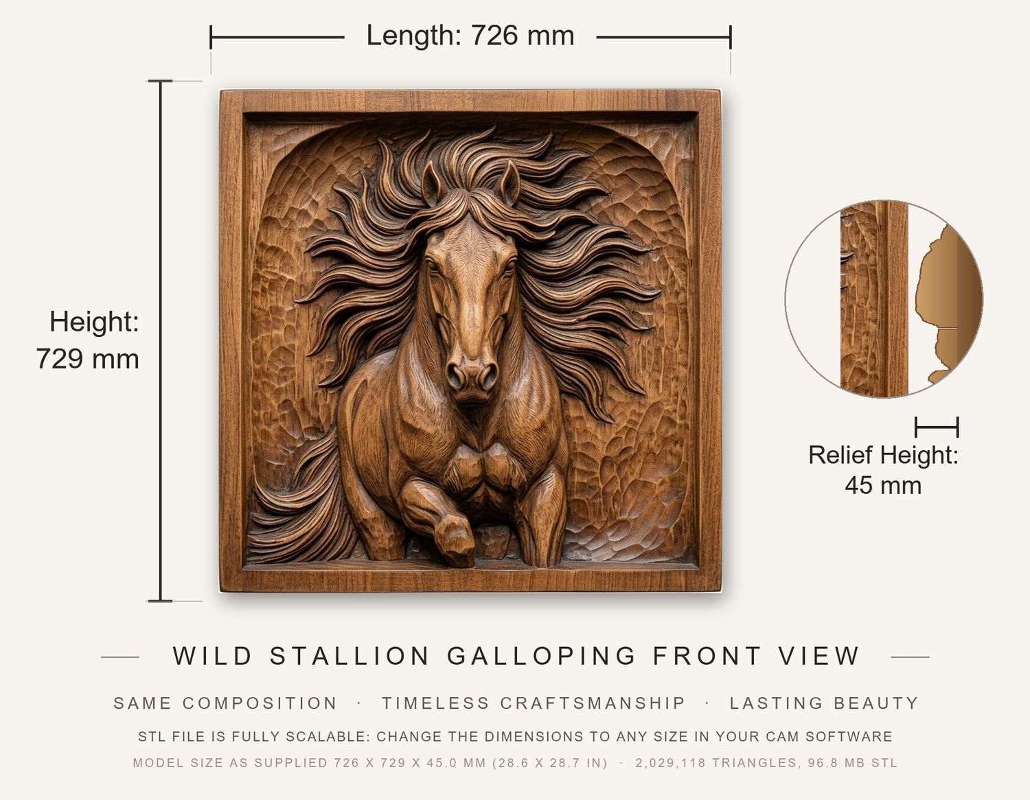 Wild Stallion Galloping Front View CNC Relief STL bas-relief STL — view 3