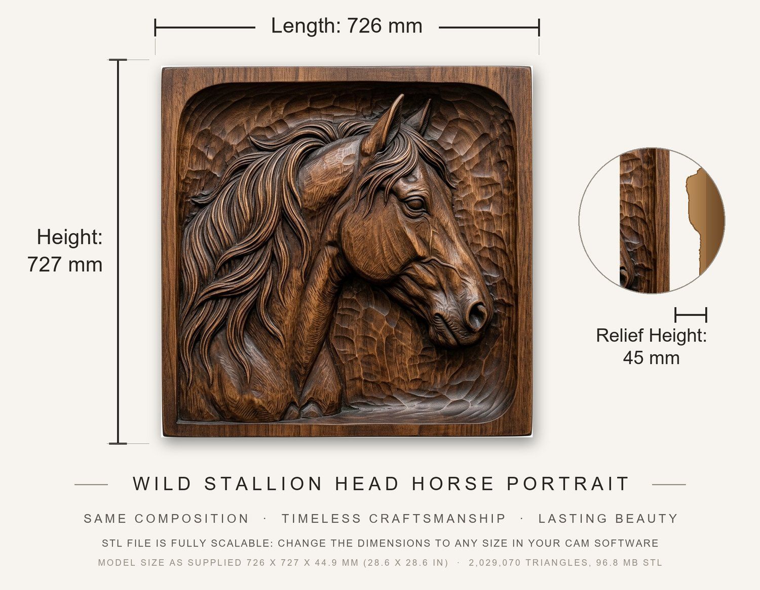 Wild Stallion Head Horse Portrait CNC Relief STL bas-relief STL — view 3