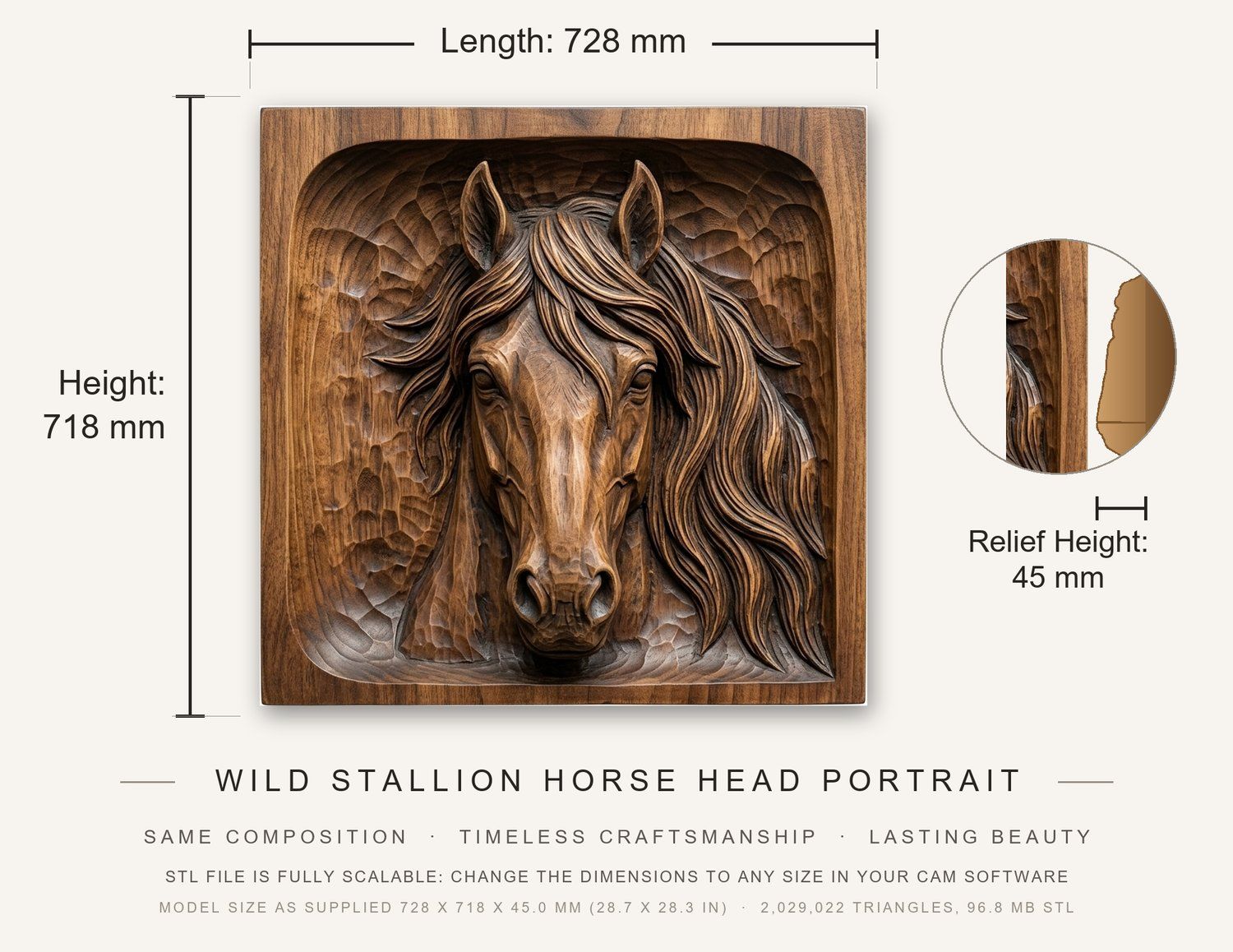 Wild Stallion Horse Head Portrait CNC Relief STL bas-relief STL — view 3