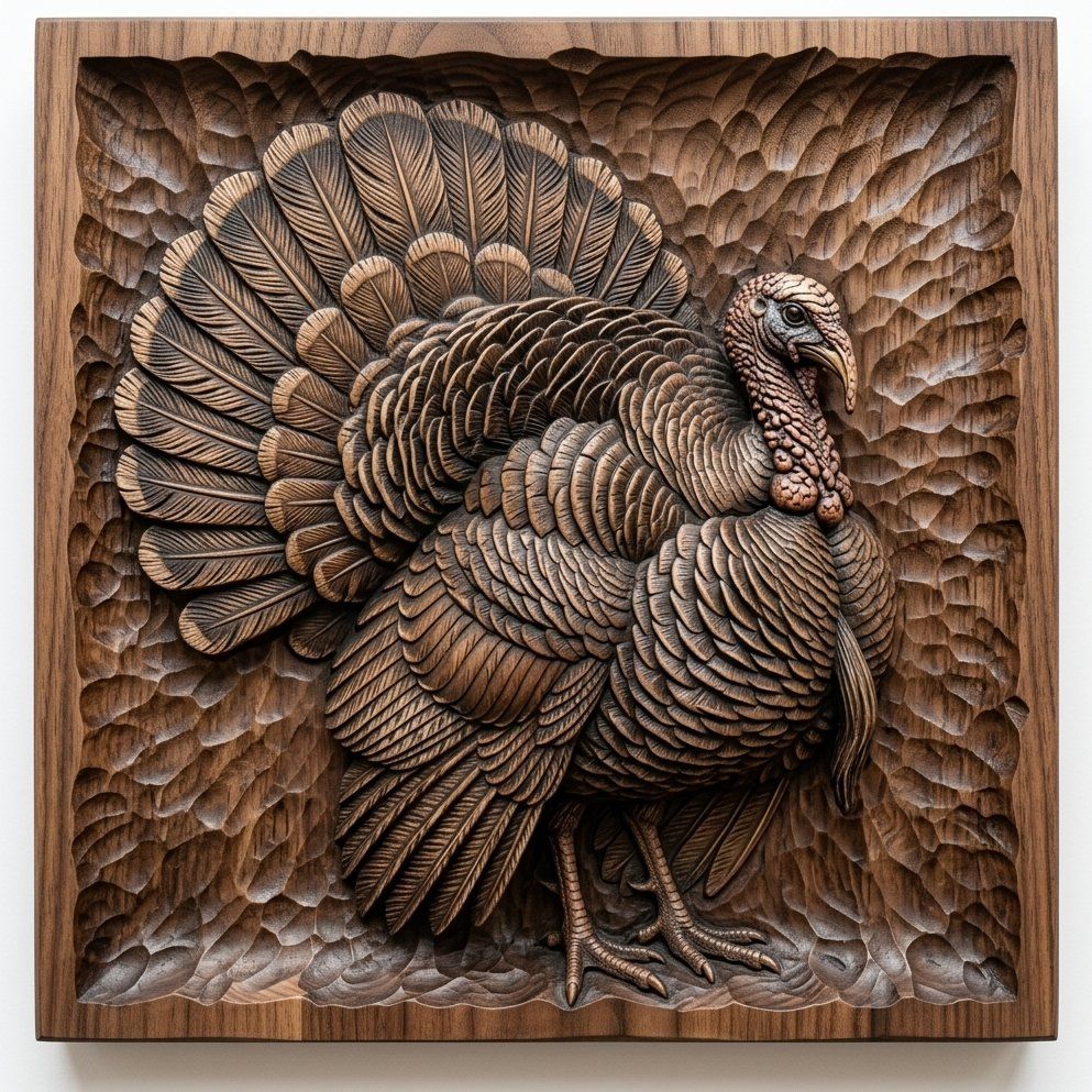Wild Turkey Hunting Trophy CNC Relief STL | Rustic Wildlife Wall Art Panel | Decorative Autumn Cabin Decor — carved bas relief STL file for CNC