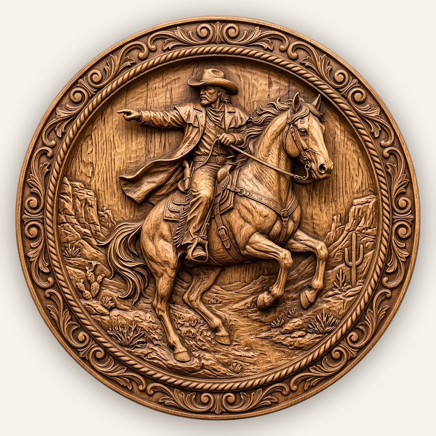 Wild West Cowboy Horse Rider CNC Relief STL | Western Frontier Wood Carving Design | Rustic Cabin Wall Decor — carved bas relief STL file for CNC