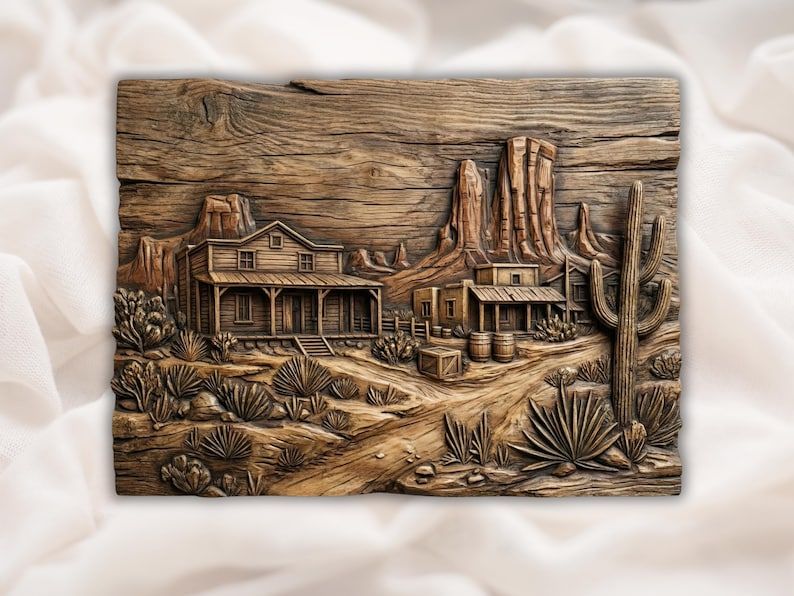 Carved wood bas-relief of a Wild West desert town with wooden saloon buildings, cactus, brush, and red rock mesas.