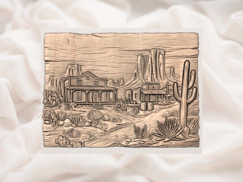 Old West Frontier Town STL with Saloon, Cactus and Mesas bas-relief STL — view 2