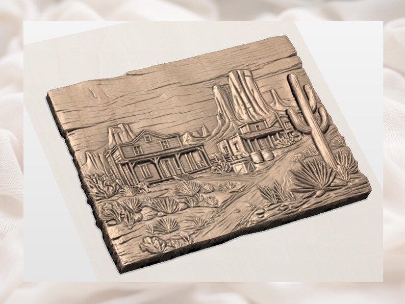 Old West Frontier Town STL with Saloon, Cactus and Mesas bas-relief STL — view 3
