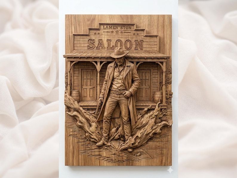 Carved wood relief of a cowboy gunslinger standing outside an old west saloon with sign and porch