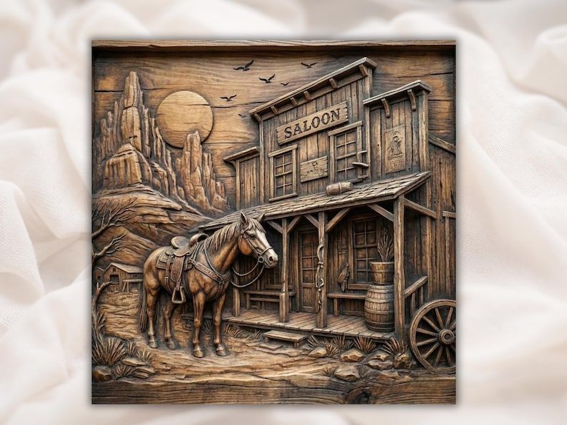 Bas-relief carving of an Old West saloon with a saddled horse, desert rocks, wagon wheel, and SALOON sign.