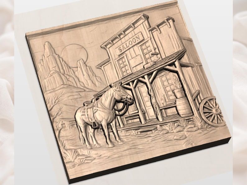 Old West Saloon and Saddled Horse Bas-Relief STL Scene bas-relief STL — view 2