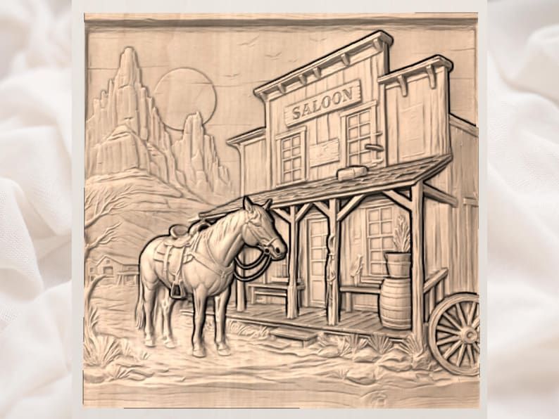 Old West Saloon and Saddled Horse Bas-Relief STL Scene bas-relief STL — view 3