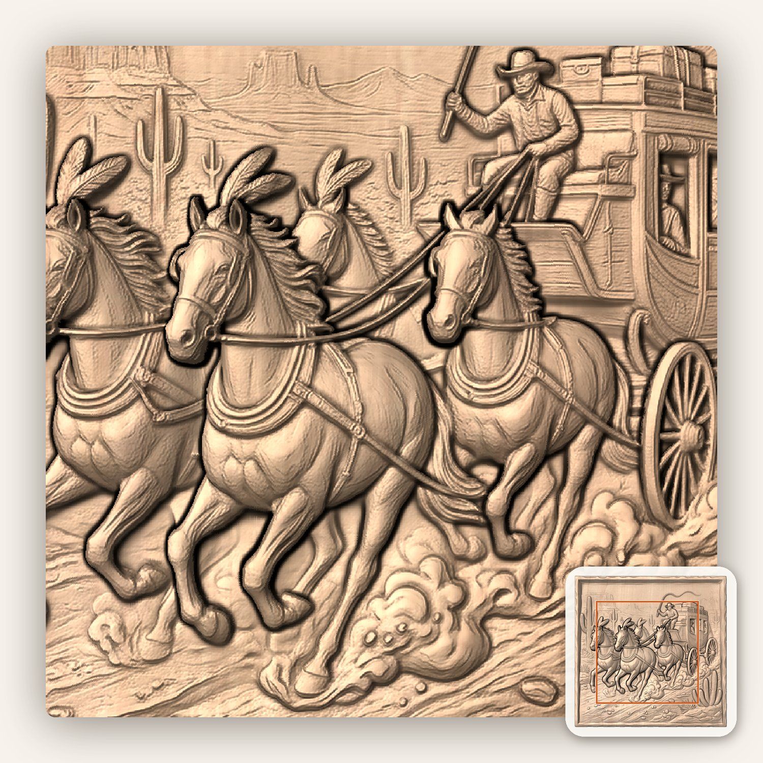 Wild West Stagecoach Desert Scene CNC Relief STL bas-relief STL — view 5