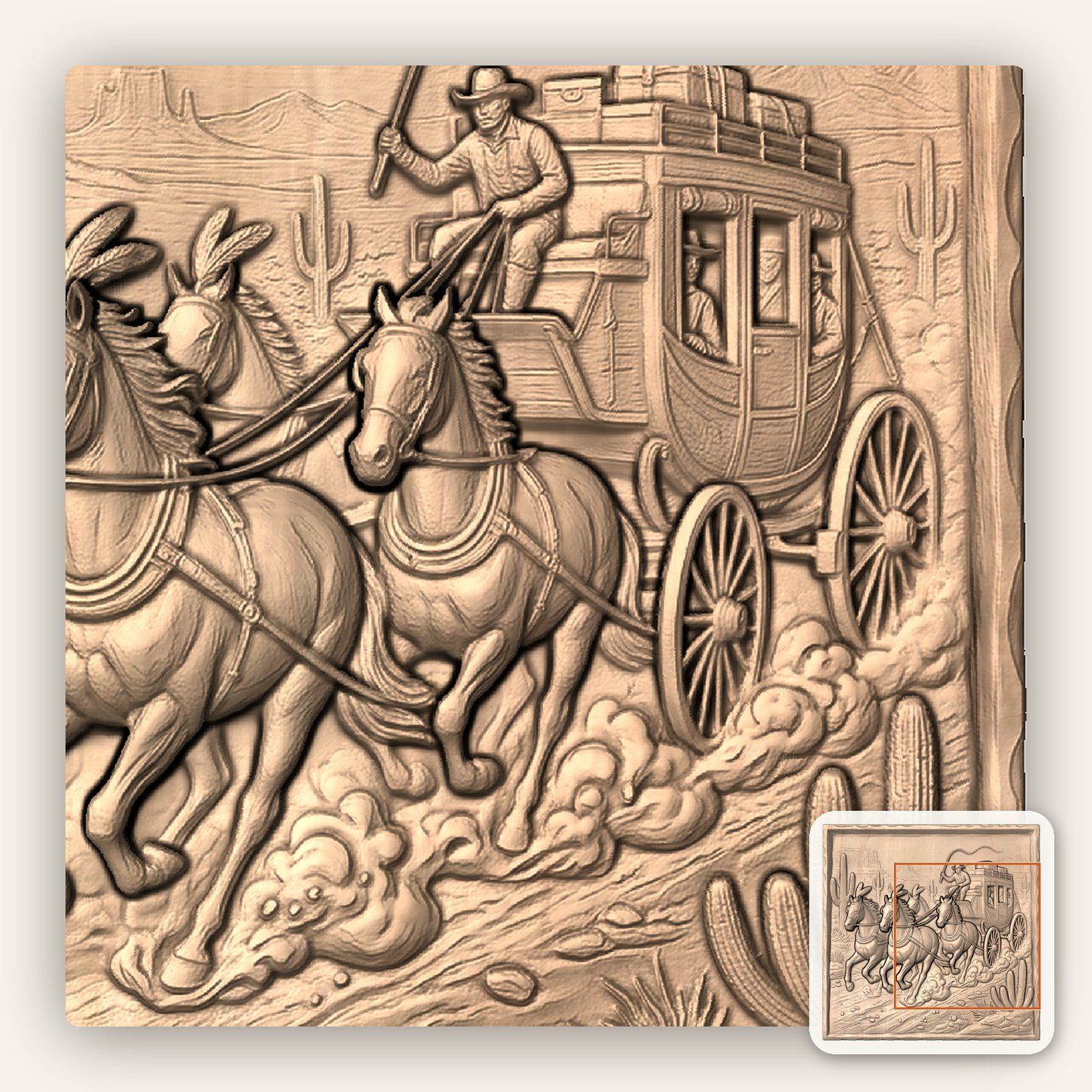 Wild West Stagecoach Desert Scene CNC Relief STL bas-relief STL — view 6