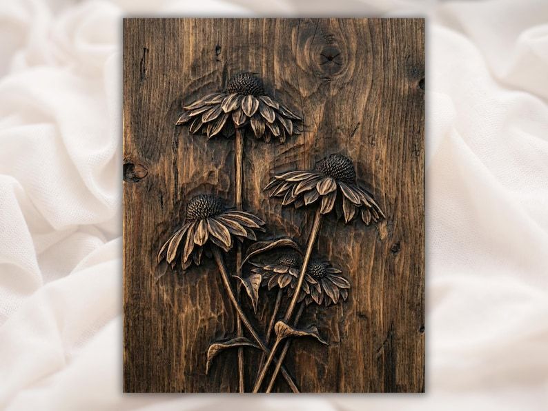 Bas-relief wood carving of four coneflowers with fanned petals, raised seed centers, and crossed stems