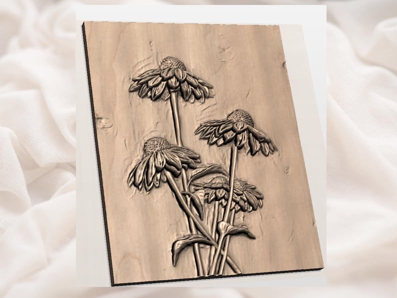 Coneflower Echinacea Bouquet Bas-Relief STL for CNC Carving bas-relief STL — view 3