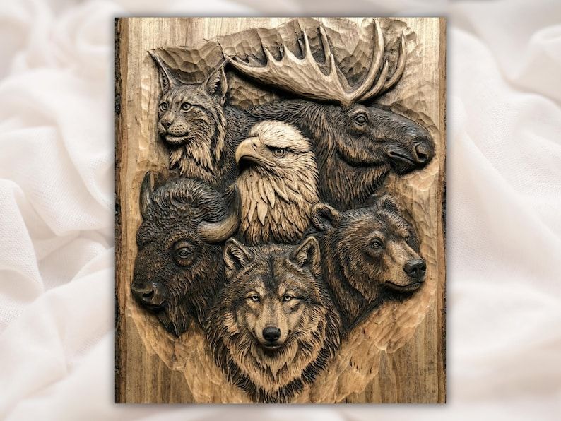 Bas-relief wood carving of wolf, bear, eagle, moose, lynx and bison heads grouped on a panel