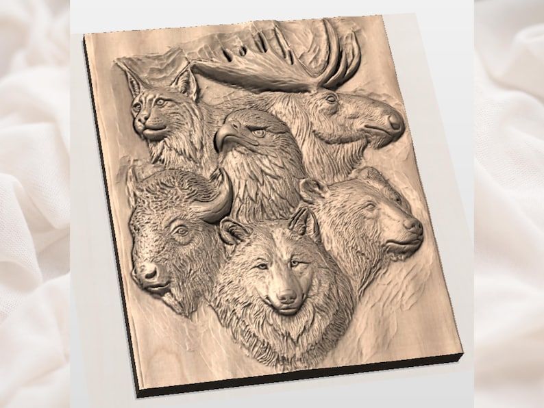 Six Wildlife Animals Bas-Relief STL: Wolf, Bear, Eagle, Moose, Lynx, Bison bas-relief STL — view 2