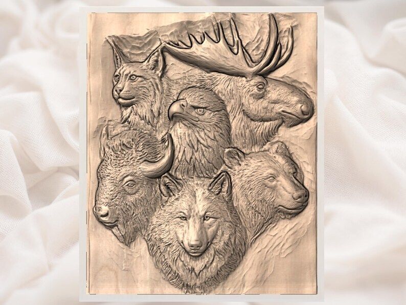 Six Wildlife Animals Bas-Relief STL: Wolf, Bear, Eagle, Moose, Lynx, Bison bas-relief STL — view 3