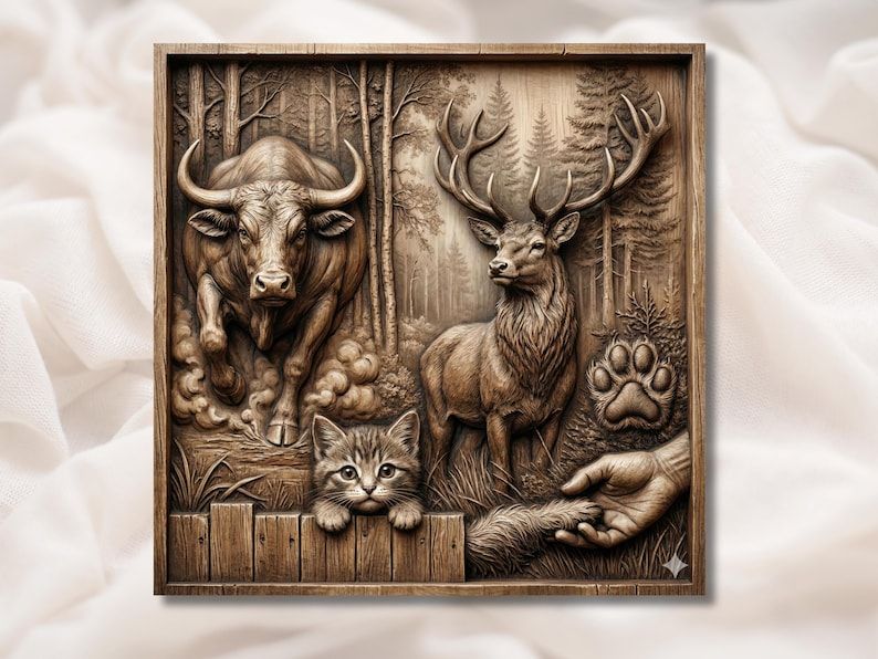 Carved wood relief of a charging bull, stag, kitten on a fence and a reaching hand in a pine forest