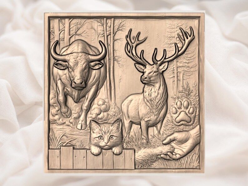 Forest Wildlife Panel STL: Charging Bull, Stag, Kitten and Helping Hand bas-relief STL — view 2