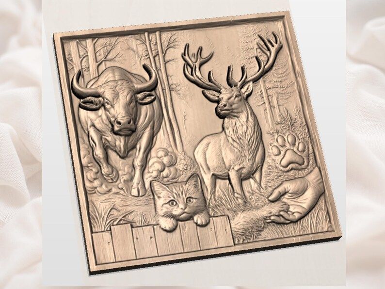Forest Wildlife Panel STL: Charging Bull, Stag, Kitten and Helping Hand bas-relief STL — view 3