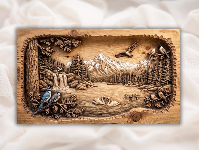 Bas relief wood carving of a mountain lake with swans, waterfall, pine forest, blue jays, and a soaring hawk.