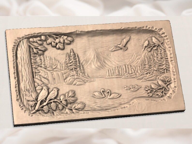 Mountain Lake Wilderness Scene with Swans and Blue Jays Bas Relief STL bas-relief STL — view 2
