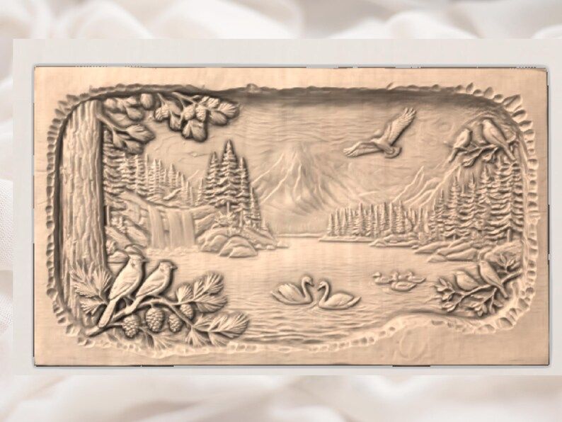 Mountain Lake Wilderness Scene with Swans and Blue Jays Bas Relief STL bas-relief STL — view 3