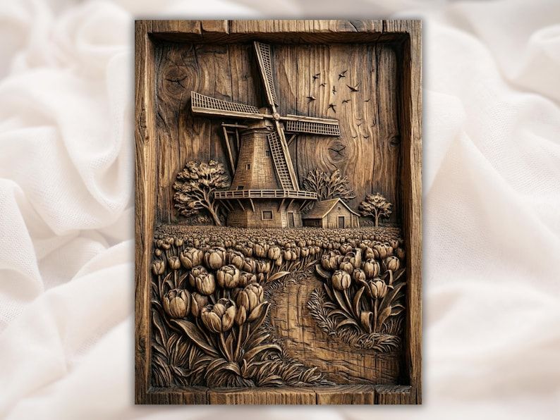 Carved wood bas-relief of a Dutch windmill above a tulip field with a cottage and birds in the sky.