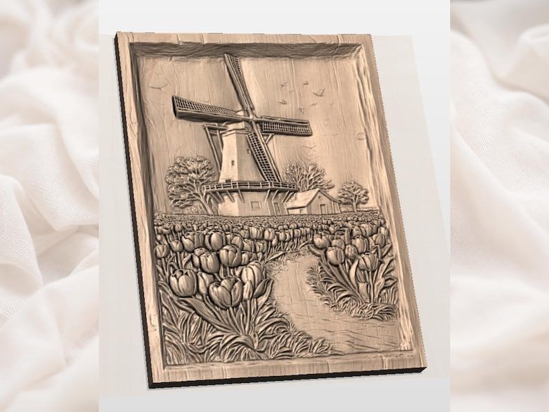 Dutch Windmill and Tulip Field Bas-Relief STL Panel bas-relief STL — view 2