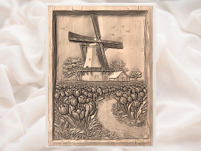 Dutch Windmill and Tulip Field Bas-Relief STL Panel bas-relief STL — view 3