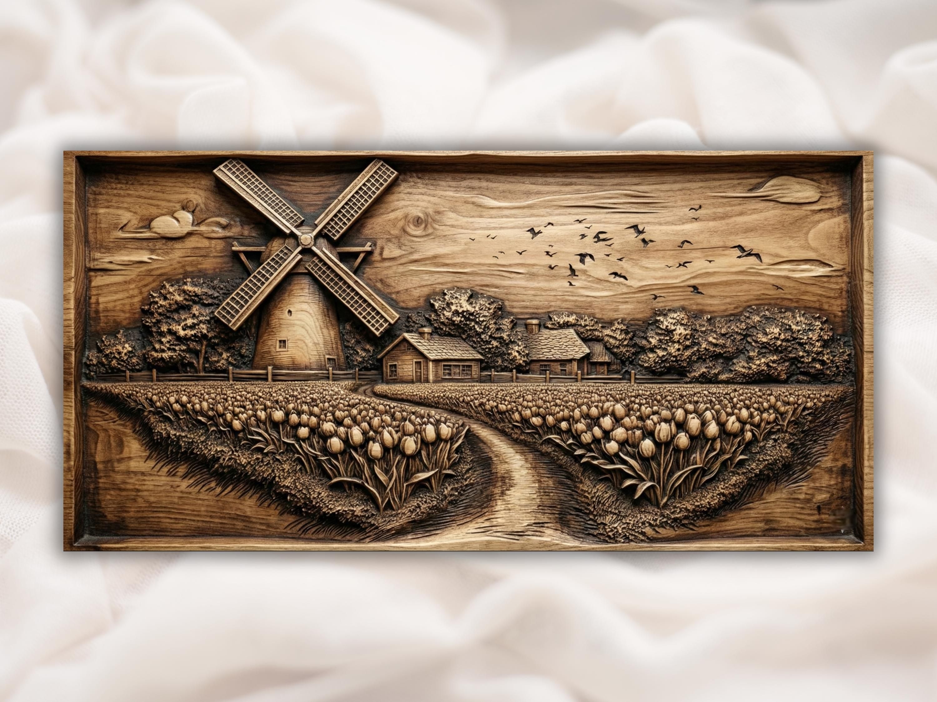 Carved wood bas-relief of a Dutch windmill, tulip field, farmhouse cottages, winding path, and birds in the sky.