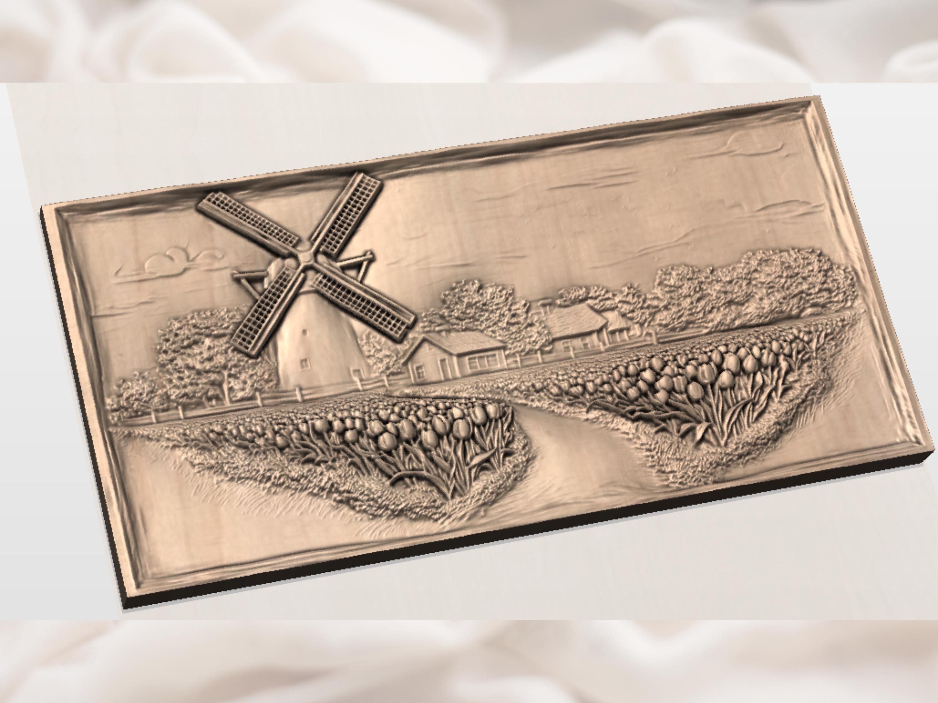 Dutch Windmill and Tulip Field Bas-Relief STL Carving bas-relief STL — view 2
