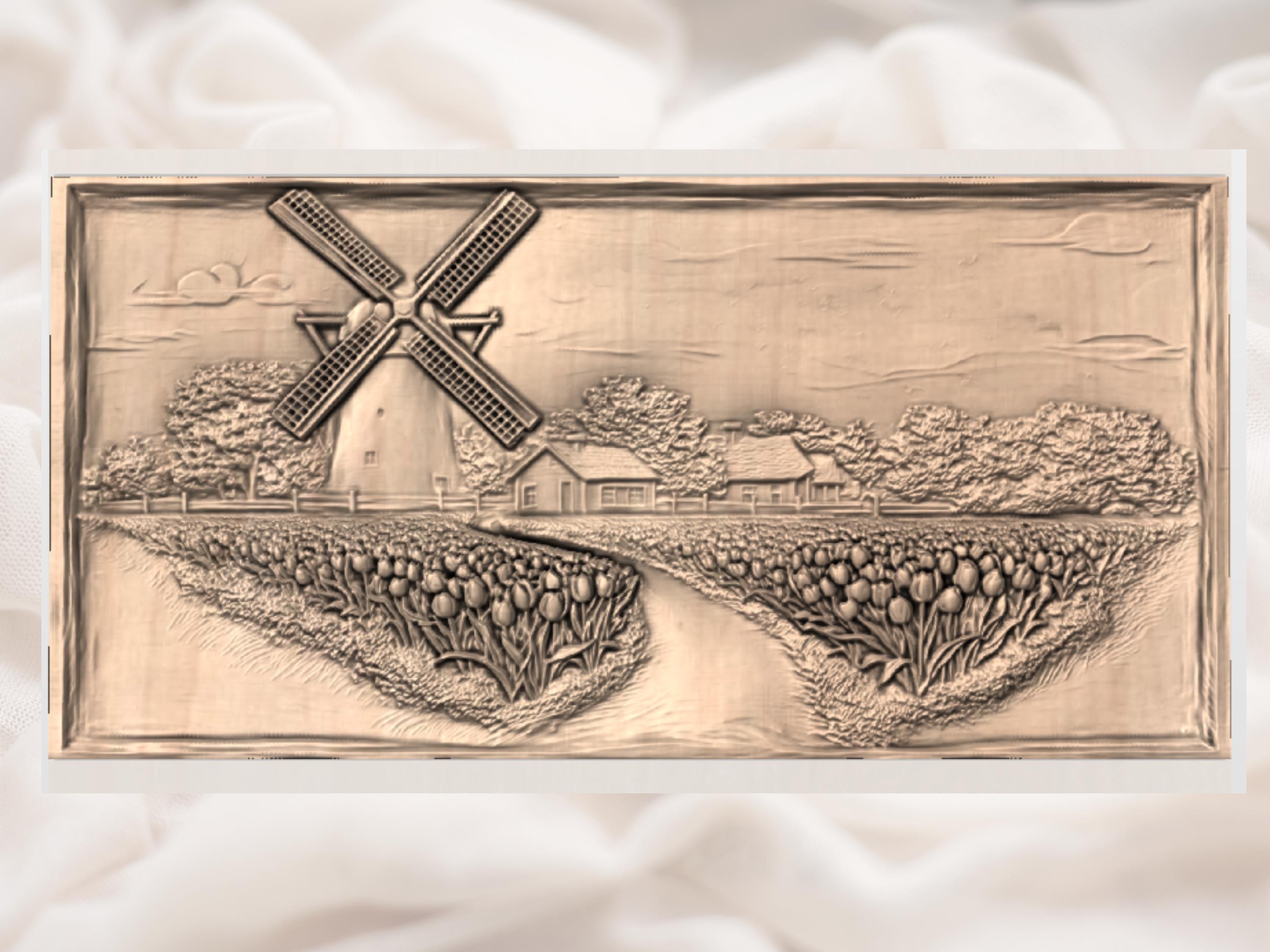 Dutch Windmill and Tulip Field Bas-Relief STL Carving bas-relief STL — view 3
