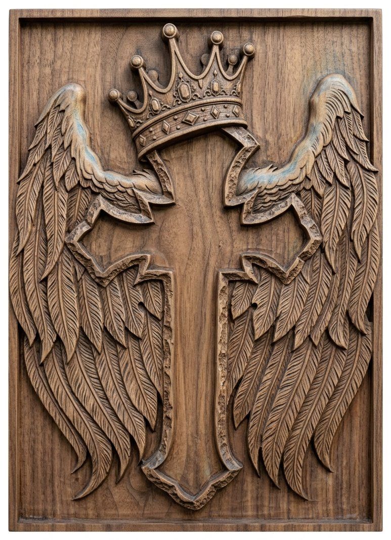 Winged Crowned Cross CNC Relief STL | Christian Wall Art Design | Sacred Religious Wood Carving Panel | Spiritual Home Decor — carved bas relief STL file for CNC