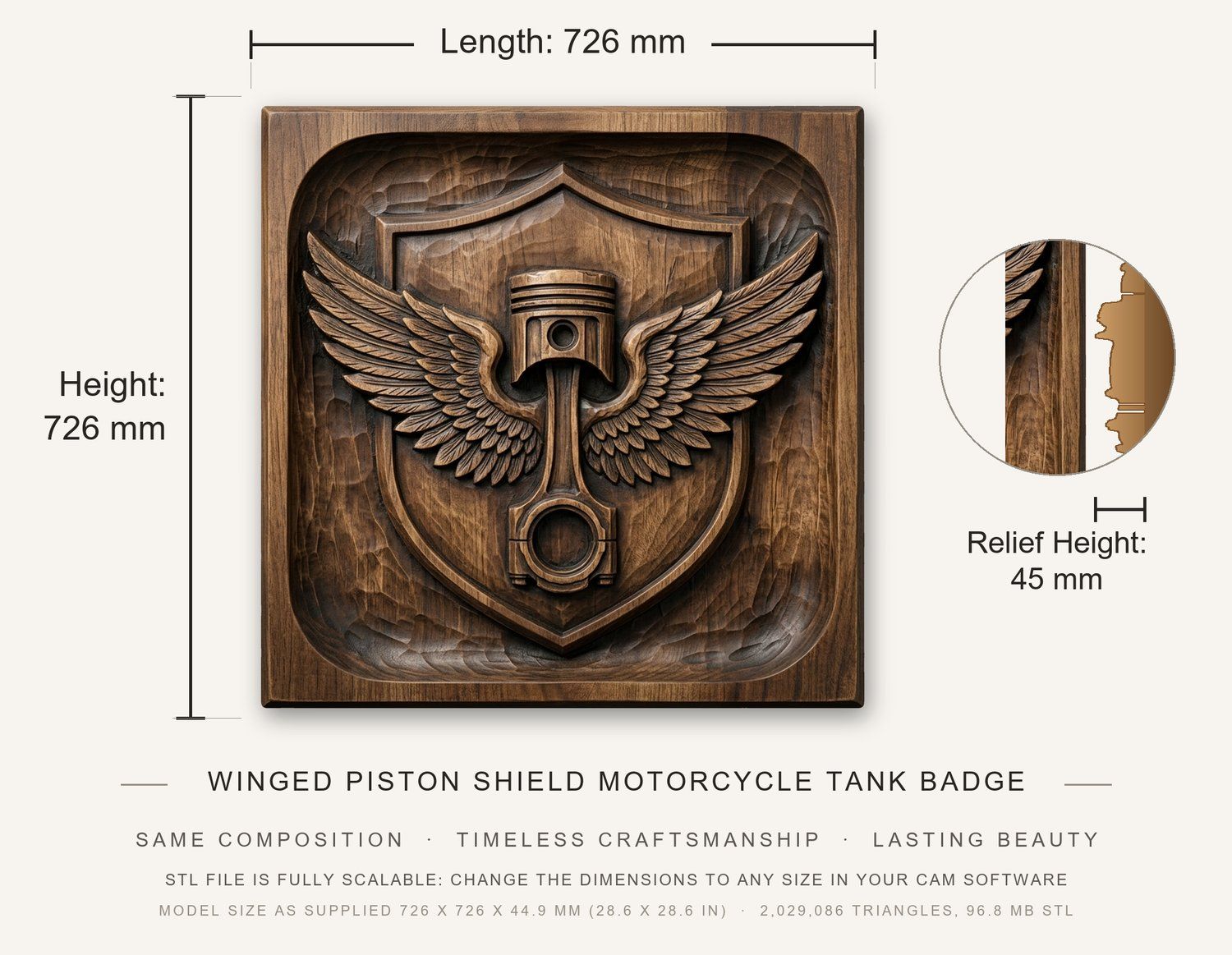 Winged Piston Shield Motorcycle Tank Badge CNC Relief STL bas-relief STL — view 3